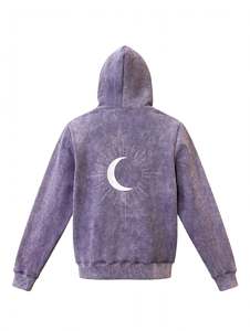 Sudadera con Capucha Morada, Gruesa, Extra Grande, con Estampado Gráfico de Sol y Nubes Bordados, Estilo Urbano, Unisex, de Algodón Pesado - Product Image 5