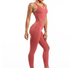 Ensemble de yoga professionnel personnalisé de haute qualité pour femmes, 2 pièces, sans couture, avec impression de logo légère, meilleur design, motif uni - Product Image 3