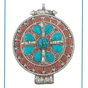 Colgantes de Aleación Plateada Tibetana con Coral y Turquesa, Diseño Floral Étnico Budista, Engaste Circular, Joyería Unisex para Regalo - Product Image 4