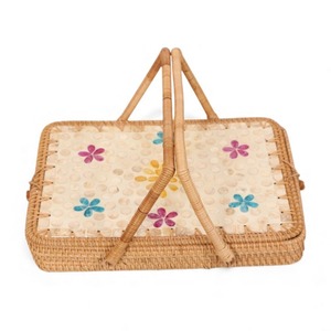 Ensemble de vaisselle bohème en bois rond avec incrustations florales colorées, plateau de pique-nique, sets de table et anneaux de serviette, durable et portable - Product Image 3
