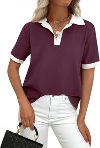 Polo de Manga Corta Color Verde Oliva para Mujer, Tejido de Punto, Cuello con Ribete Blanco, Estilo Casual, Largo Regular - Product Image 2