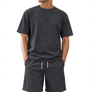 Men Solid Summer Breathable Waffle T-Shirt Set Ribbed Short Sleeve Crew Neck Casual Knit Tee and Shorts Front Logo Lounge Outfit - Product Image 4