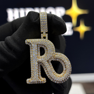 Custom Double <b>Initial</b> R Pendant 925 Sterling <b>Silver</b> VVS Moissanite Fully Iced Hip Hop <b>Necklace</b> Yellow Gold Pave Pendant Jewelry - Product Image 1