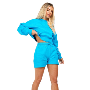 New Factory Custom Womens Winter Long Solid Color Oversized O-neck Sweatshirt Shorts Set Breathable Fleece Fabric Wholesale - Product Image 1