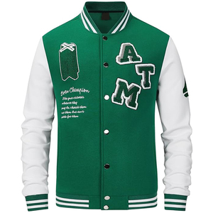 Green <b>White</b> Contrast Color Vintage Baseball Button Long Sleeve With Letter Casual Coats For <b>Men</b> College Baseball Varsity <b>Jackets</b> - Product Image 1