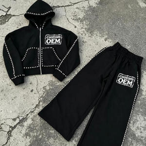 OEM Vintage Washed Rhinestone Tracksuit Unisex <b>Cropped</b> <b>Zip</b> <b>up</b> Hoodie Wide Leg Sweatpants 2 Piece Y2K Hip Hop Streetwear Set - Product Image 2