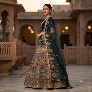 Robe traditionnelle confortable en satin brodé vert royal, coupe trapèze, longueur ras du sol, avec col en V uni fait main et sans manches - Product Image 4