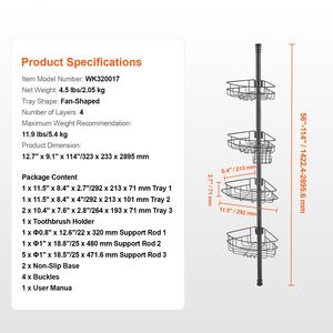 Étagère d'angle de douche multifonctionnelle de 56 à 114 pouces avec barre de tension robuste, résistante à la rouille et à forte capacité de charge pour salle de bain - Product Image 3
