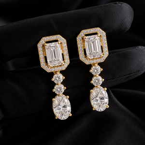 18K Yellow Gold Halo Emerald Cut Lab Grown Diamond DEF VVS Oval Cut <b>Drop</b> Dangle Push <b>Back</b> Earrings Bridal Wedding Fine Jewelry - Product Image 1