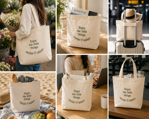 Bolsa de Lona Bordada con Diseño Floral 'Enjoy the Little Things', Estilo Asa Corta Beige, para Compras y Viajes - Product Image 3