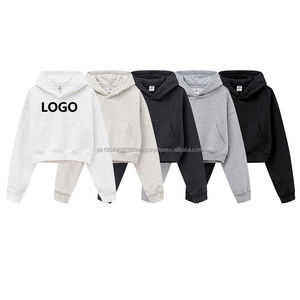 Sudadera con capucha recortada de Color liso para mujer de peso pesado 65% algodón 35% poliéster Sudadera con capucha bordada - Product Image 3