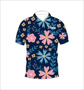 เสื้อโปโลลายดอกไม้เขตร้อนสีกรมท่าแบบกำหนดเอง ระบายอากาศได้ดี น้ำหนักเบา เหมาะสำหรับทีมกอล์ฟ แขนสั้น ผลิตด้วยเทคนิคการระเหิดสี - Product Image 2