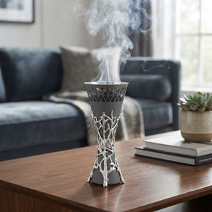 Stunning Tall Incense <b>Burner</b> Set Featuring Cutwork Tops And Intricate <b>Silver</b> Branch Stands In Two Chic Neutral Colors For Decor - Product Image 3
