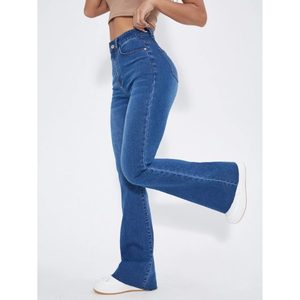 Jean en denim évasé style rétro vintage bleu pierre pour femme, respirant, écologique, mignon, 100 % coton, taille haute - Product Image 3