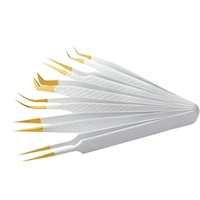 Pince à épiler professionnelle de précision en acier inoxydable durable, manche blanc, pointe dorée, lisse et pointue, logo personnalisé, pour volume et cils artificiels