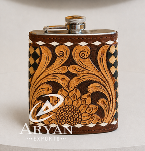 Latest Arrival Checkered Pattern Handcrafted Genuine Cow Leather Hip Flask Stainless Steel Pocket Flask Leak Proof Whiskey Flask - Product Image 1