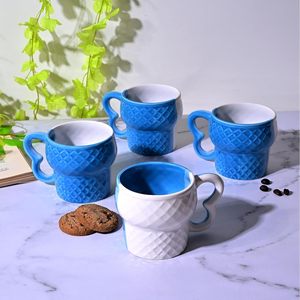 Sculpted Handle Embossed Ceramic Cup Set Blue & White Microwave Safe Handmade Flowered <b>Tea</b> <b>Mugs</b> for Gifts Set of 4 - Product Image 4