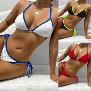 Women's White <b>Blue</b> Contrast Triangle <b>Bra</b> Tie Side 2-Piece Bikini Set Spandex/Polyester Knitted Stretch Breathable Sexy Swimwear - Product Image 6