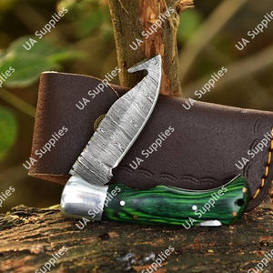 Couteau pliant personnalisé OEM en acier Damas, lame en acier faite à la main, manche en bois, pour le camping en plein air, la survie, la chasse, la pêche - Product Image 5