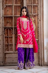 Conjunto Étnico Indio-Pakistaní para Mujer, Kurta Rosa con Estampado de Lámina de Microalgodón y Bordado, Falda Lehenga Morada, Dorado, Largo hasta el Suelo, para Boda - Product Image 2