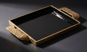 Luxury <b>Black</b> Enamel Serving <b>Tray</b> with Gold Hammered Handles Modern Decorative Rectangular <b>Tray</b> for Home Hotel Coffee Table - Product Image 5