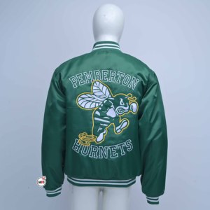MRI Made Custom Design Green Color Mens Varsity <b>Jackets</b> with Embroidered Bee Logo Satin Front Closure Casual Streetwear Style - Product Image 2