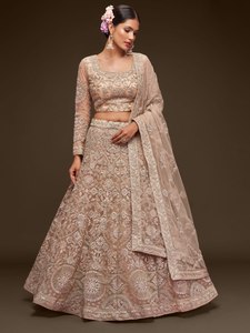 Royal Beige Embroidered Crystal Floral Modern A-Line Chiffon Soft Net Lehenga Choli Set with Dupatta <b>Bride</b> Wedding Outfit - Product Image 1