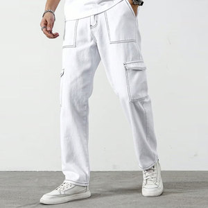 Pantalon cargo blanc pour hommes, taille élastique, plusieurs poches, style décontracté, tissu en toile respirant, vêtements de printemps - Product Image 2