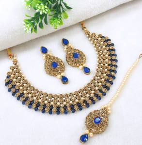 Indian Women's Traditional Wedding <b>Set</b> <b>Gold</b> Plated Zircon Alloy Choker Necklace Earrings Maang Tikka Red Pearl Beads Party - Product Image 1
