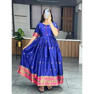 TREANDING ALGODÓN SEDA TEJIDO BORDE TRABAJO LISTO PARA LLEVAR VESTIDO AZUL - Product Image 1