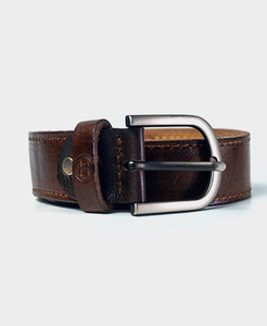 Genuine Leather Men's <b>Belt</b> Solid Brown Pin <b>Buckle</b> <b>Silver</b> Rectangular Casual Durable Cow Hide Double Stitching 35mm - Product Image 3