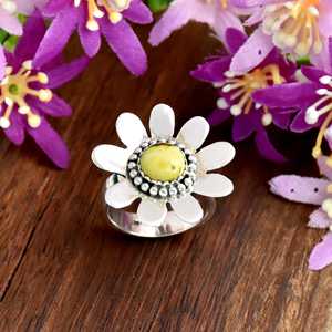 Anillo de plata de ley 925 con piedra turquesa natural estilo bohemio, anillo llamativo con flor de margarita, joyería fina occidental para mujer - Product Image 3