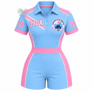 Wholesale Custom JJOA Jack and Jill of America Women's Polo <b>Romper</b> Embroidered Baby Blue Pink Short Sleeve Playsuit - Product Image 1