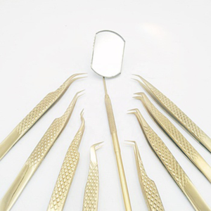 Premium Gold Plated Stainless Steel Eyelash Tweezers Set with Lash Mirror, Professional <b>Tools</b> for Extensions and Salons - Product Image 1
