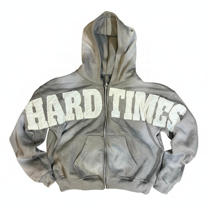 เสื้อฮู้ดซิปพิมพ์ลาย Hard Times ทรงโอเวอร์ไซส์ ยูนิเซ็กส์ สไตล์สตรีทแวร์สำหรับฤดูหนาว สีดำ ผ้าฝ้ายฟลีซ ด้านหน้าประดับด้วยคริสตัล - Product Image 5
