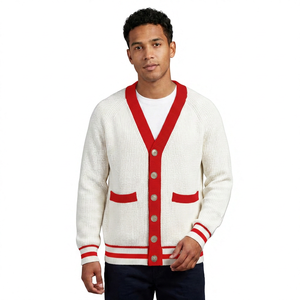Cardigan en acrylique blanc pour homme avec bordure marine, manches longues, fermeture boutonnée, anti-plis, détails brodés - Collection Automne - Product Image 3