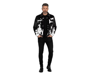 <b>Men's</b> Black <b>White</b> Animal Print PU Leather Shirt Jacket Turn-Down Collar Casual Slim Fit Autumn Style with Pockets - Product Image 1