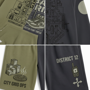 Urban Grid Hoodie Shorts <b>Set</b> Men's Street Style Cotton French Terry Printed Two-Tone Olive Black Autumn Wear - Product Image 6