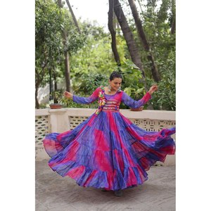 Handmade A-Line Gown for Navratri Beautiful Patch Work Embellished Empire Waistline Chiffon Fabric - Product Image 6