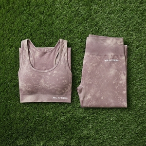 Women Mauve Acid Wash Yoga Set <b>Racerback</b> Crop Sports <b>Bra</b> High Waist Full Length Leggings Gym Fitness Activewear - Product Image 6