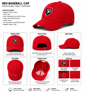 Gorra de Béisbol Roja de 6 Paneles con Logotipo de Letra en Relieve en el Panel Frontal, Gorra Casual Ajustada Unisex para Adultos, de Algodón Satinado con Transferencia Térmica - Product Image 6
