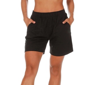 Shorts en coton noir tricoté pour femme avec poches, taille élastique, style décontracté, taille mi-haute, coupe régulière, respirant, couleur unie - Product Image 1