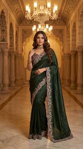 Conjunto de Saree de Satén Bordado de Diseño para Mujer con Patrón de Elefantes y Blusa de Moda Cosida - Product Image 2