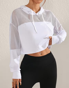 White Women's Hooded Crop Top Long Sleeve Mesh Panel Breathable Casual Sweatshirt Summer Knitted Solid Color - Product Image 1