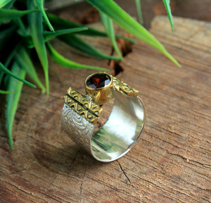 Natural <b>Garnet</b> <b>Ring</b> 925 Sterling <b>Silver</b> Handmade Open Band <b>Ring</b> Round Red <b>Garnet</b> Gemstone Vintage Boho Statement Jewelry - Product Image 2