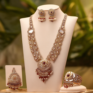 Gold Plated Rosy Polki Designer Bridal Necklace Set with Earrings and Ring - Product Image 3
