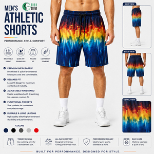 Shorts de sport pour homme, impression par sublimation, séchage rapide, en mesh, style Bermuda, avec poches et cordon de serrage - Product Image 1