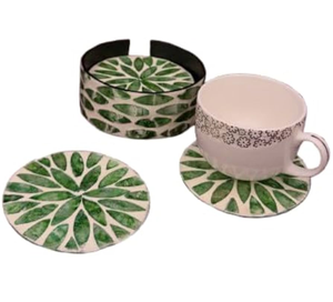 Sous-verre en nacre avec support, motif feuille verte, design moderne, tapis réutilisables pour la décoration de table, sous-verre en nacre - Product Image 1