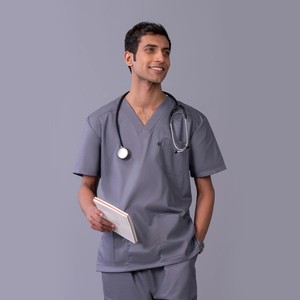 Men Gray Scrub Set V-Neck <b>Top</b> Pants Hospital Uniform Cotton Polyester Woven Needle Detection for 2026 - Product Image 1