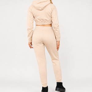 <b>Women</b> <b>Beige</b> Cropped Hoodie <b>Jogger</b> Set Two Piece Casual Tracksuit Elastic Waist Sweatpants Wholesale Private Label - Product Image 3